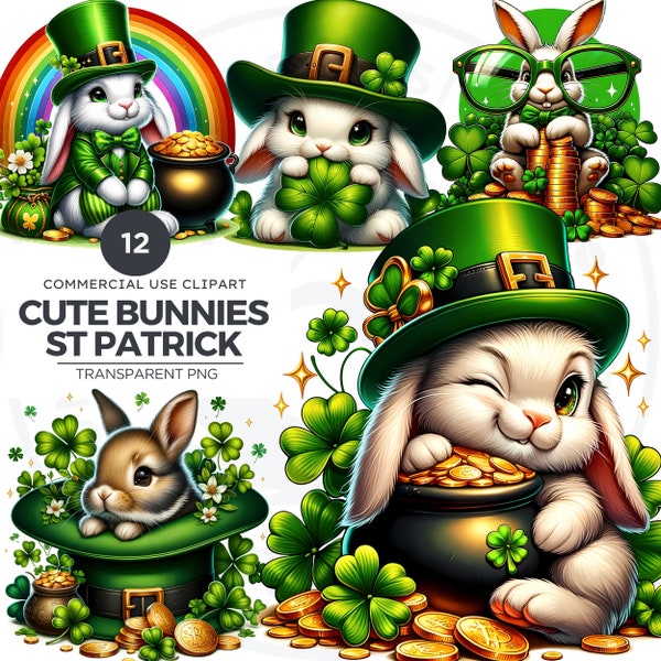 St Patricks Day Bunny Watercolor Clipart, Cute rabbit Clipart PNG, Lucky bunny Sublimation Design, Shamrock Illustration PNG. commercial use