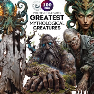 100 Greatest Mythological Creatures set, mythology Graphics, Creepy monsters, dark Fantasy clipart, Gothic art PNG, Sublimation design
