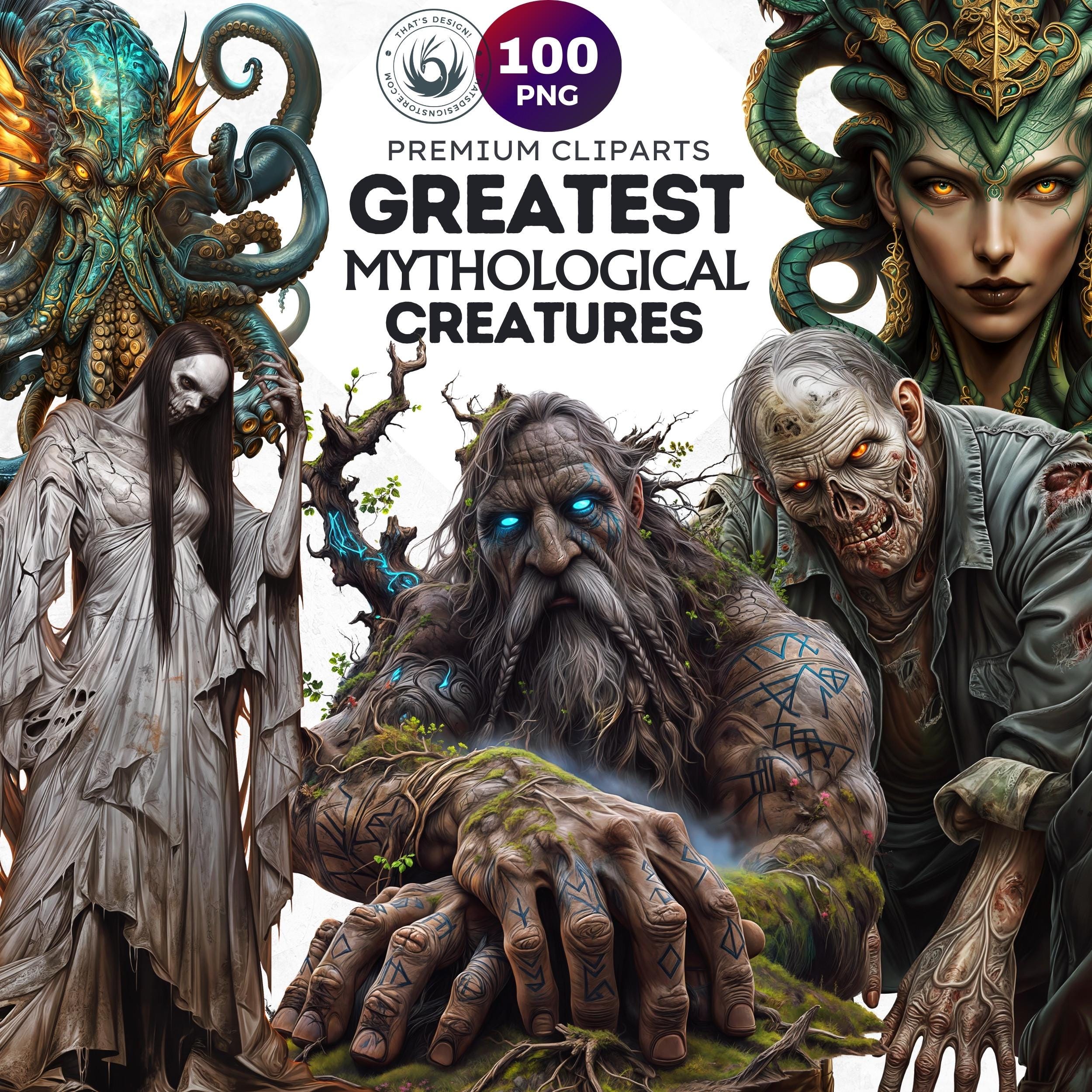 100 Greatest Mythological Creatures set, mythology Graphics, Creepy monsters, dark Fantasy clipart, Gothic art PNG, Sublimation design