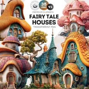 Fairy Tale Houses PNG Set, Whimsical Buildings Clipart, Fantasy Mushroom House, Gnome Home, Enchanted Forest, Cottage Fantasy clipart