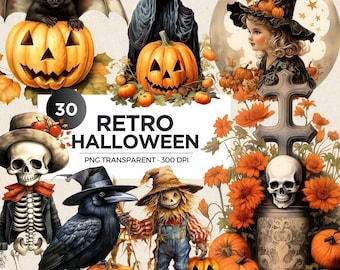 Watercolor Retro Halloween Clipart: Vintage Spooky PNG Bundle (Digital Prints)