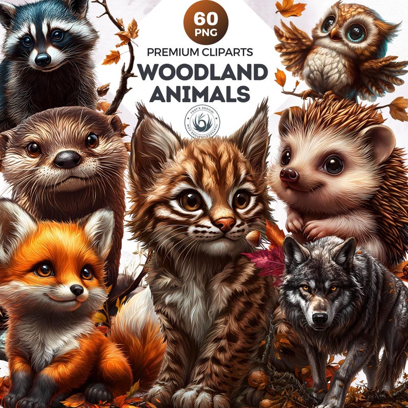 60 Woodland animals Clipart Set, Cute and Realistic Forest Wildlife, Fall Clipart, Autumn animal PNG, baby animals PNG, Fall sublimation