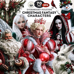 May include: A digital collection of 70 PNG Christmas fantasy characters titled Everbright Yuletide Christmas Fantasy Characters. The image features a Santa Claus, a queen in a red gown, a snowman, a white rabbit, and various elf-like figures.