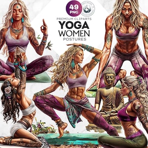Zen Women doing yoga Clipart set in PNG for Sublimation and Craft, Namaste png, Woman in Yoga Poses, Yoga girl doing classic postures Asana