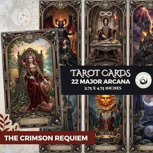 May include: A deck of tarot cards featuring detailed illustrations. The cards are displayed with a dark, ornate border and include images of The Empress, The Hermit, The Sun, and The Moon. The text on the cards reads "Tarot Cards 22 Major Arcana" and the dimensions are 2.75 x 4.75 inches.