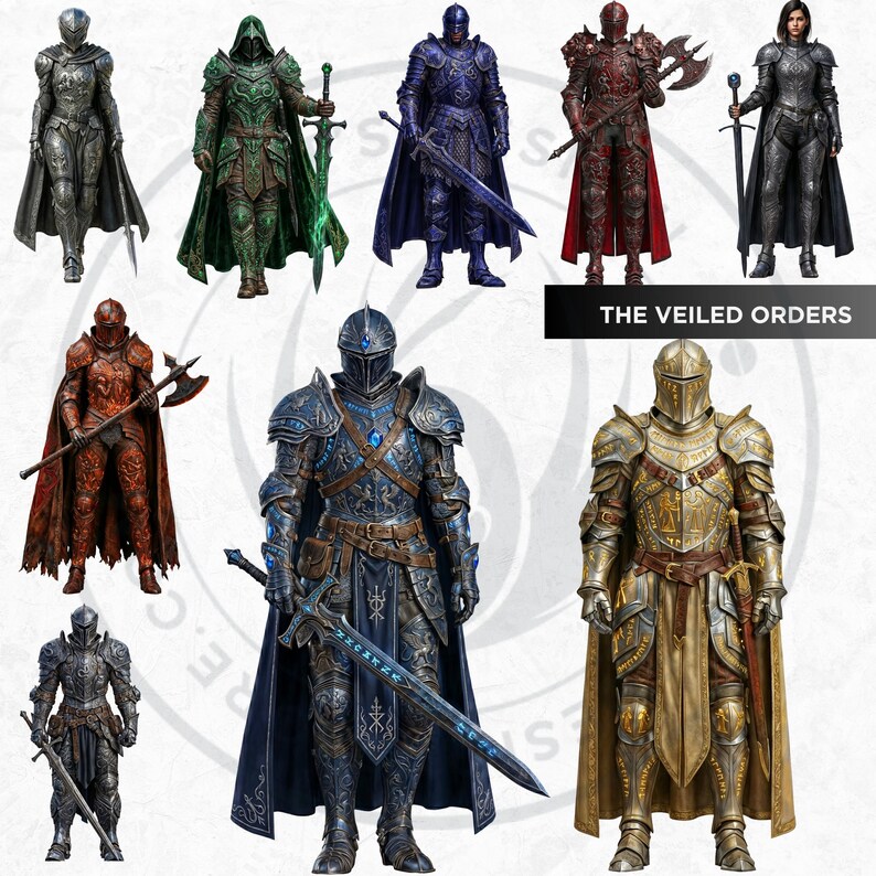 Knightly Orders Fantasy Clipart Bundle: Medieval Warrior, Crusader Illustrations (PNG, Digital download)