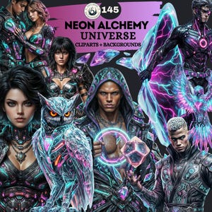 Neon Alchemy Universe Cliparts, Sci-Fi Cyberpunk Fantasy Backgrounds (Digital Download)