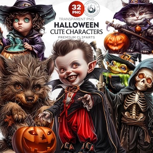 32 Cute Halloween Characters Clipart V2, Cute Halloween png bundle, Spooky season png | Kids Halloween digital prints | Halloween clip art