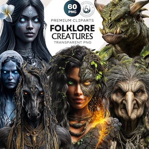 Pode incluir: Arte digital com várias criaturas de fantasia, incluindo um dragão, uma bruxa e várias figuras semelhantes a humanos com olhos brilhantes e detalhes intrincados. A imagem inclui o texto "FOLKLORE CREATURES TRANSPARENT PNG".