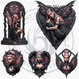 Black & Pink Gothic Fairies PNG, Dark Fairy Art Clipart, Pastel goth Fantasy for Sublimation Craft, Transparent background, Commercial use