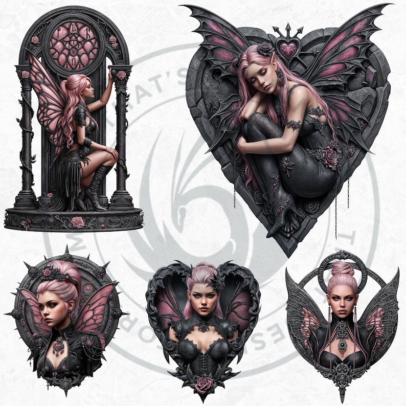 Black & Pink Gothic Fairies PNG, Dark Fairy Art Clipart, Pastel goth Fantasy for Sublimation Craft, Transparent background, Commercial use