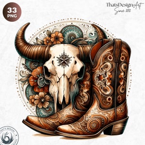 Rustic Bull skull PNG clipart Set, western PNG, Western Sublimation, floral cow skull with sunflower crafts and sublimation. Commercial use