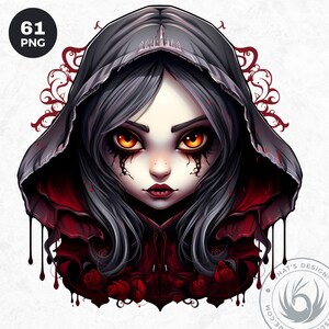 May include: A digital illustration of a girl with dark hair and a red hooded cloak. She has large, expressive eyes with orange irises and dark eyeliner. Her lips are painted a dark red. She is surrounded by red roses and dripping blood.