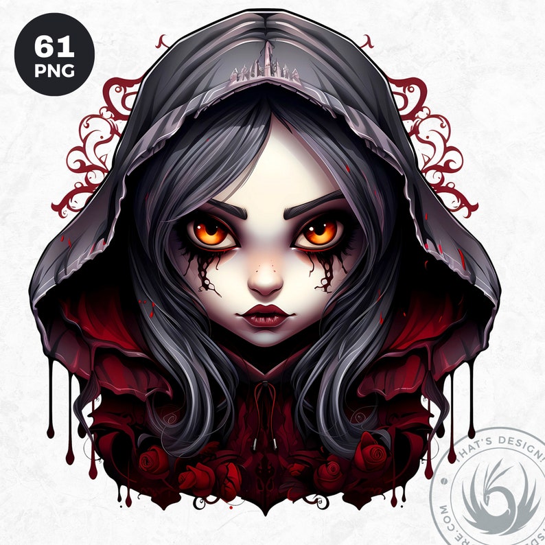 May include: A digital illustration of a girl with dark hair and a red hooded cloak. She has large, expressive eyes with orange irises and dark eyeliner. Her lips are painted a dark red. She is surrounded by red roses and dripping blood.