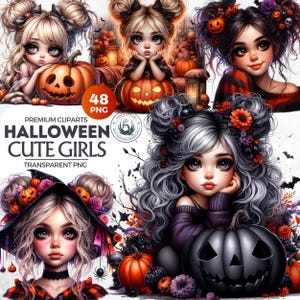 48 Halloween niedliche Mädchen Clipart-Set, Kürbis PNG, niedliche Halloween-Mädchen PNG, kleine Hexe, schrulliges Mädchen, Halloween PNG, Kinder Halloween Clipart