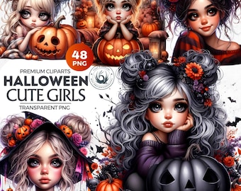 Halloween Girls Clipart Set, Pumpkin PNG (48 Piece) (Digital Download