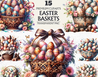 May include: 15 premium clipart images of Easter baskets filled with colorful decorated eggs. The baskets are decorated with flowers and ribbons. The images are transparent PNG files.