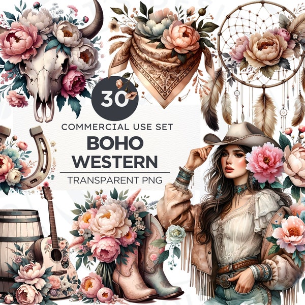 Boho Western PNG clipart Set,30 Floral western PNG, Western Sublimation, cowgirl boots, cowboy hat. Crafts and sublimation. Commercial use