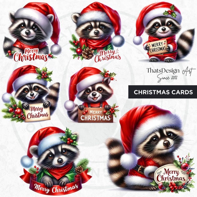 53 Cute Raccoon PNG Clipart Set, Christmas Raccoon clipart, Baby animal with Santa Hat Png, Christmas Clipart, Christmas cards & sublimation