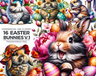 May include: A set of 16 digital clipart images featuring Easter bunnies in various poses. The bunnies are surrounded by colorful flowers, eggs, and other Easter decorations. The images are perfect for creating Easter cards, invitations, and other crafts.