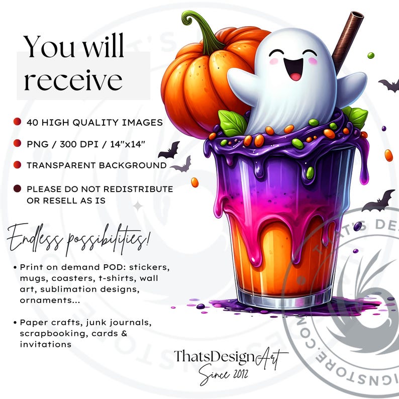 Halloween Drinks Cuties PNG Set, Kawaii Spooky Treats Clipart, Kids halloween Party for Sublimation, Ghost, Pumpkin, cauldron, Halloween PNG