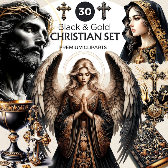 Black & Gold Christian Clipart Set: Religious PNG Graphics (Digital Download)