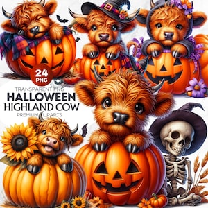 24 Halloween highland cow clipart Set, Pumpkin png, Cute Halloween clipart, Halloween png, Kids Halloween, pumpkin sublimation design