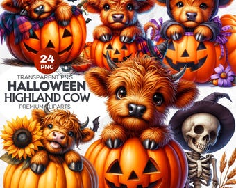 Conjunto de imágenes prediseñadas de vacas de las Tierras Altas para Halloween: diseños PNG de calabazas (descarga digital)