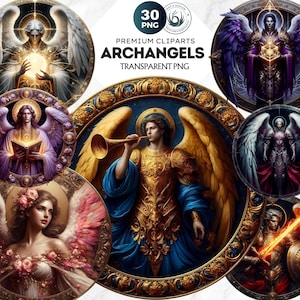 30 Archangels Round clipart set, angel, Christian clipart, Angel PNG, Michael, Metatron, Gabriel, Azrael, Adonael, Baptism, Religious PNG