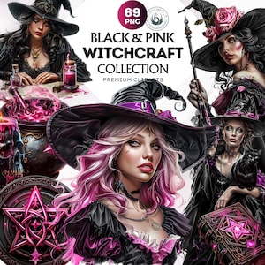 69 Pink Witch Clipart PNG, Fantasy Witchcraft Clipart, witch clip art png, magic, spell book, pentagram, black cat PNG. Commercial use