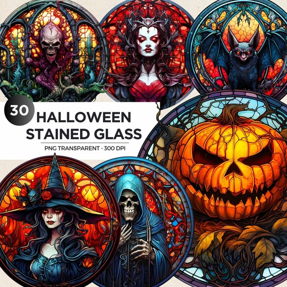 ハロウィーンのステンドグラスモンスター30種 PNGクリップアート