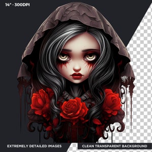 May include: A digital illustration of a woman with long black hair wearing a black hooded cloak and a red rose corsage. Her eyes are wide and she has red streaks on her face. The background is transparent.