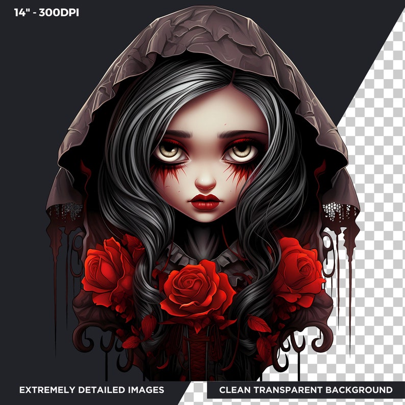 May include: A digital illustration of a woman with long black hair wearing a black hooded cloak and a red rose corsage. Her eyes are wide and she has red streaks on her face. The background is transparent.