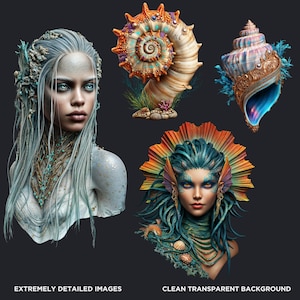 Deep Sea Fantasy Clipart PNG Set, Siren Mermaid Clipart, Underwater clipart, Ocean Mythology, Atlantis decor, Nautical Fantasy, Sea God