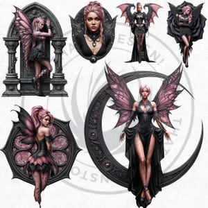 Black & Pink Gothic Fairies PNG, Dark Fairy Art Clipart, Pastel goth Fantasy for Sublimation Craft, Transparent background, Commercial use