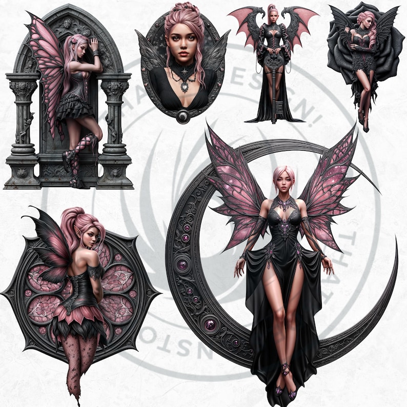 Black & Pink Gothic Fairies PNG, Dark Fairy Art Clipart, Pastel goth Fantasy for Sublimation Craft, Transparent background, Commercial use