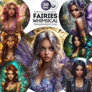 May include: A set of 30 digital illustrations of fairies with whimsical designs. The fairies have colorful wings, flowing hair, and are depicted in various poses. The illustrations are transparent PNG files.