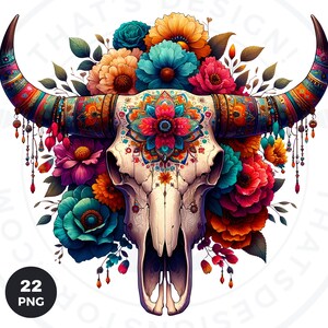 Floral Bull skull PNG clipart, Boho western PNG, Western Sublimation, floral cow skull with feathers crafts and sublimation. Commercial use