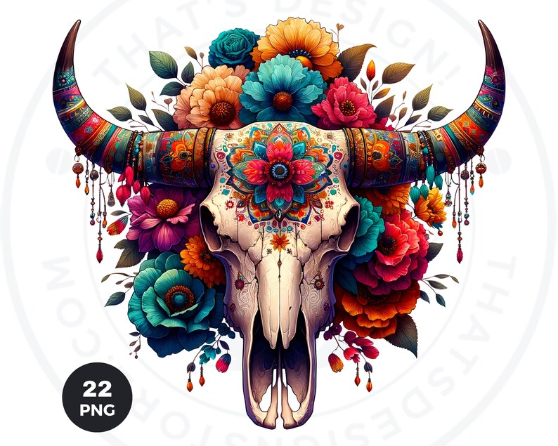 Floral Bull skull PNG clipart, Boho western PNG, Western Sublimation, floral cow skull with feathers crafts and sublimation. Commercial use