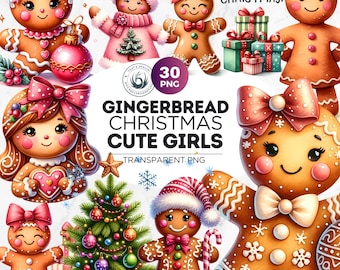 Watercolor Gingerbread Girl png cliparts, Pink Gingerbread man png, Gingerbread png for card making, crafts and sublimation. Christmas PNG