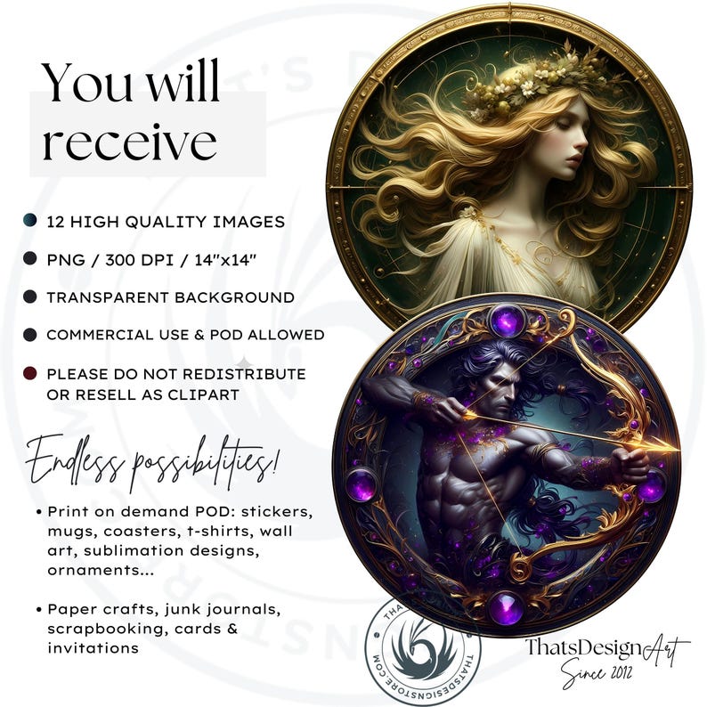 12 Ethereal Zodiac signs Clipart Set, Astrology clipart, horoscope signs, Fantasy Clipart, Celestial clipart, zodiac sublimation, zodiac png