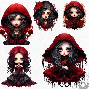 May include: Four digital illustrations of girls with long black hair wearing red hooded cloaks. Each girl has a different expression and pose. The girls are surrounded by red roses and intricate details.