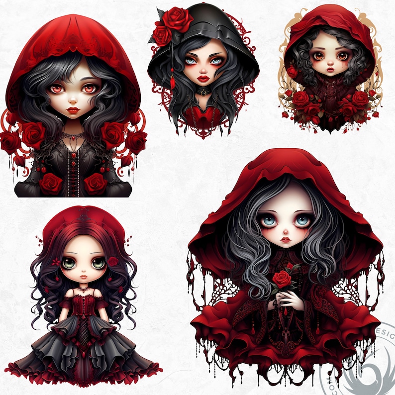 May include: Four digital illustrations of girls with long black hair wearing red hooded cloaks. Each girl has a different expression and pose. The girls are surrounded by red roses and intricate details.