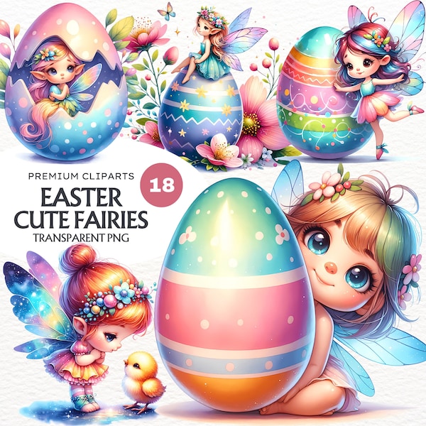 Cute Fairy Easter clipart bundle, Fantasy PNG, Spring PNG, Easter Eggs png graphics, fairy sublimation, children clipart. Transparent PNG