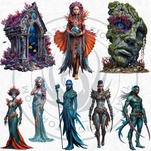 Deep Sea Fantasy Clipart PNG Set, Siren Mermaid Clipart, Underwater clipart, Ocean Mythology, Atlantis decor, Nautical Fantasy, Sea God