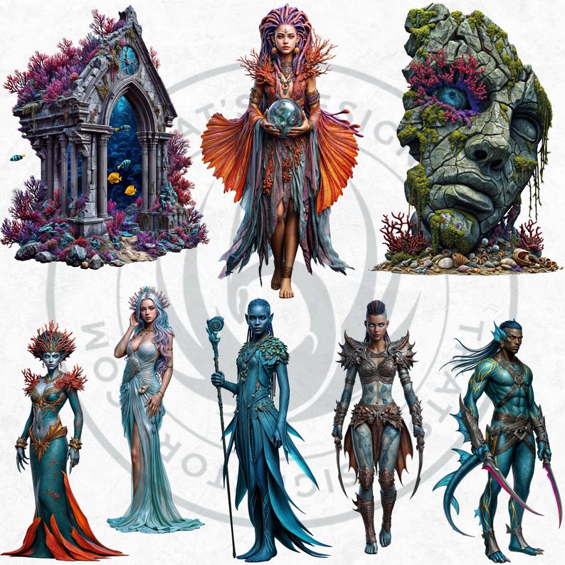 Deep Sea Fantasy Clipart PNG Set, Siren Mermaid Clipart, Underwater clipart, Ocean Mythology, Atlantis decor, Nautical Fantasy, Sea God