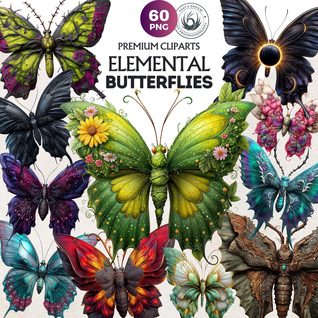 60 Elemental Butterflies PNG Clipart Set, Fantasy Butterfly Magic ...