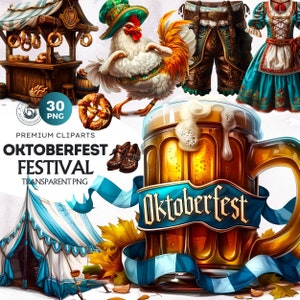 Ensemble de 30 cliparts festival Oktoberfest, PNG festif traditionnel bavarois, festival de la bière PNG, bretzel, dirndl, lederhosen, coq, chope de bière