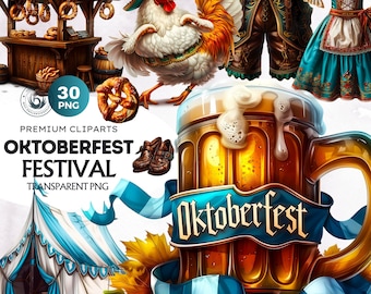 30 Oktoberfest Festival Clipart Set, Traditional Bavarian Festive PNG, Beer festival PNG, pretzel, dirndl, lederhosen, rooster, beer stein