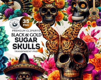 May include: A digital art composition featuring black and gold sugar skulls with floral arrangements and a butterfly. The image includes a guitar, a fan, and a sombrero. Text reads "BLACK & GOLD SUGAR SKULLS" and "35 PNG".